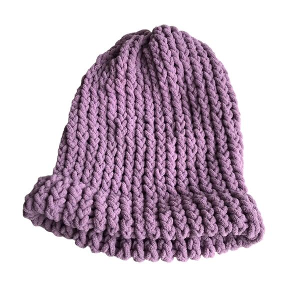 Handmade Knit Hat Stocking Cap Ribbed Beanie Purple Cozy Winter Ski Snow Hat - Picture 2 of 7
